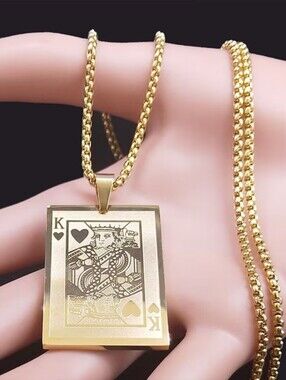 Men 22" Stainless Steel Hop Hop King Of Hearts Gold Fashion Necklace